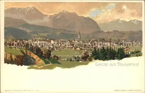 Traunstein Oberbayern Gesamtansicht mit Alpenpanorama Kuenstlerkarte Kat. Traunstein