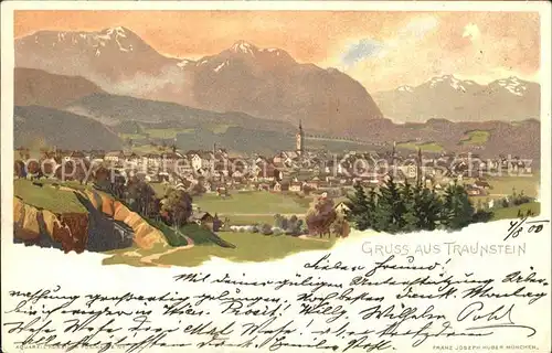 Traunstein Oberbayern Gesamtansicht mit Alpenpanorama Kuenstlerkarte Kat. Traunstein