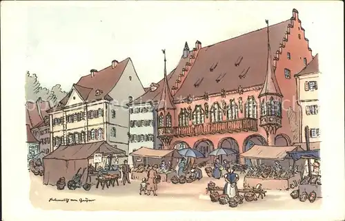 Freiburg Breisgau Historisches Kaufhaus Zeichnung Kat. Freiburg im Breisgau