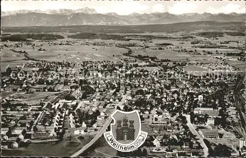 Weilheim Oberbayern mit Zugspitzmassiv und Tiroler Berge Fliegeraufnahme Kat. Weilheim i.OB