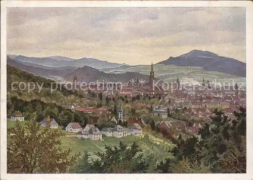 Freiburg Breisgau Panorama mit Muenster Kuenstlerkarte Kat. Freiburg im Breisgau