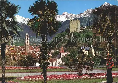 Merano Suedtirol Panorama Burg Park Palmen Alpen Kat. Merano