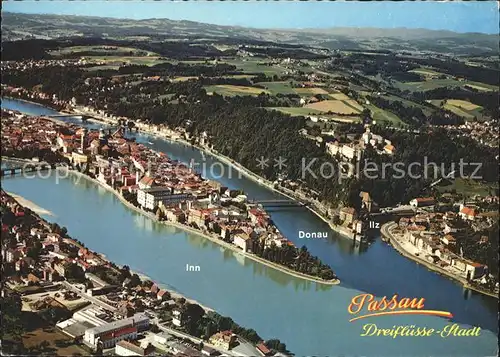 Passau Dreifluesse Stadt Muendung Inn Ilz Donau Fliegeraufnahme Kat. Passau