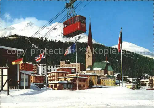 Davos GR BBBJ Bahn mit Schatzalp Schiahoerner Wintersportplatz Kirche Flaggen Kat. Davos