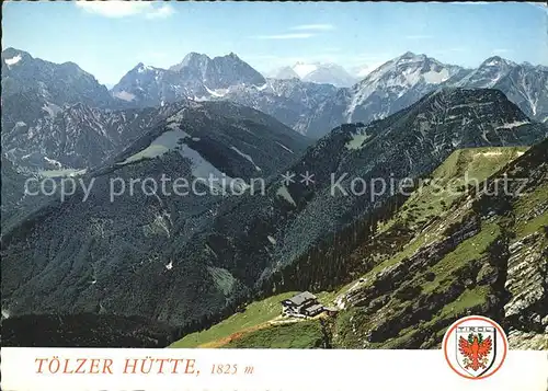 Toelzerhuette Schutzhuette DAV Motiv mit Zugspitze und Soiernspitze Alpenpanorama Wappen Kat. Vomp
