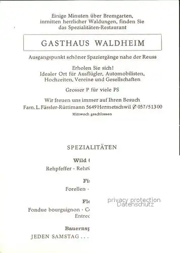 Hermetschwil Staffeln Gasthaus Waldheim  Kat. Hermetschwil Staffeln