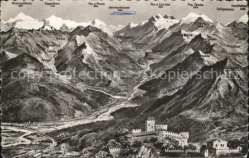 Bellinzona Panoramakarte mit Alpen Mesolcina Burg Kat. Bellinzona