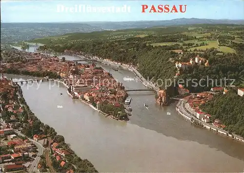 Passau Fliegeraufnahme Dreifluessestadt Innmuendung Ilz Donau Kat. Passau