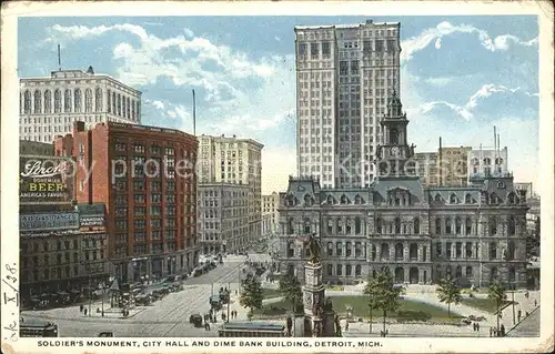 Detroit Michigan Soldiers Monument City Hall Dime Bank Building %st Kat. Detroit