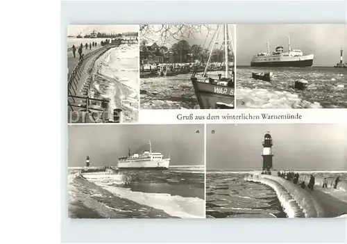 Warnemuende Ostseebad Mole Schiffe Leuchtturm im Winter Kat. Rostock