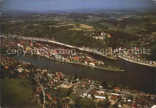 Passau Dreifluessestadt mit Donau Inn und Ilz Fliegeraufnahme Kat. Passau