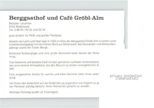 Mittenwald Bayern Berggasthof und Cafe Groebl Alm Kat. Mittenwald