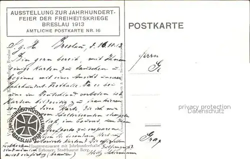 Breslau Niederschlesien Ausstellung zur Jahrhundertfeier der Freiheitskriege Jahrhunderthalle Amtliche Postkarte Nr 16 Kat. Wroclaw