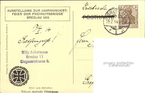 Breslau Niederschlesien Ausstellung zur Jahrhundertfeier der Freiheitskriege 1913 Belvedere Amtliche Postkarte Nr 16 Kat. Wroclaw