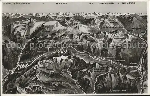 Klausenstrasse aus Vogelperspektive Alpenpanorama Kat. Klausen