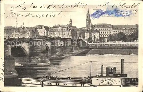 Dresden mit Augustusbruecke Dampfer Kat. Dresden Elbe
