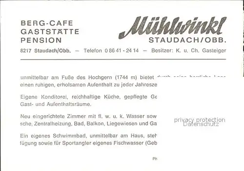 Staudach Oberbayern Berg Cafe Gaststaette Pension Muehlwinkl / Staudach-Egerndach /Traunstein LKR