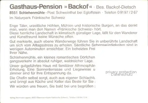 Schweinthal Egloffstein Gasthaus Pension Backof Kat. Egloffstein