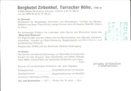 Reichenau Kaernten Zirbenhof Turracherhoehe Kat. Reichenau