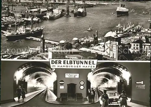 Hamburg Hafenansicht mit Querschnitt und Innenansicht des Elbtunnels Kat. Hamburg