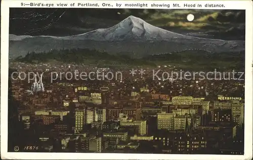 Portland Oregon Birds eye view by moonlight showing Mt Hood in distance Kat. Portland