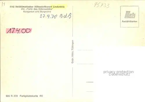 Lindenfels Odenwald Kurgarten und Burgruine Kat. Lindenfels