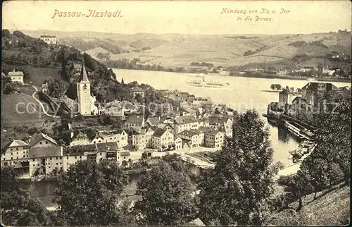 Passau Panorama Ilzstadt Muendung von Ilz und Inn in die Donau Kat. Passau