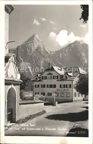 Lermoos Tirol Hotel Post mit Sonnenspitze und Wampeter Schrofen Kat. Lermoos