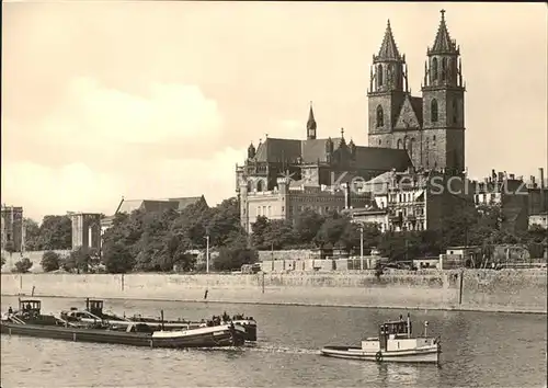 Magdeburg Blick ueber Elbe zum Dom Frachter Kat. Magdeburg