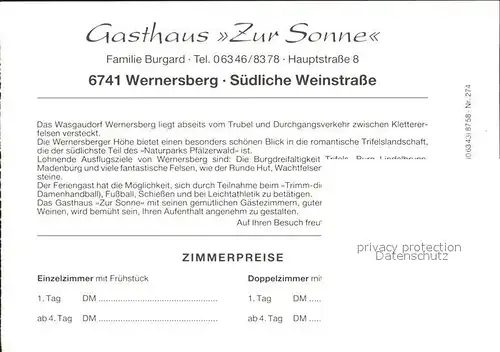 Wernersberg Pfalz Gasthaus zur Sonne Kat. Wernersberg