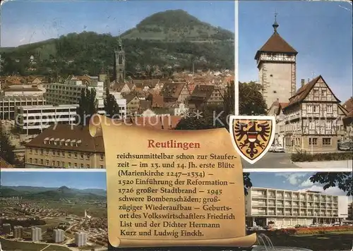 Reutlingen Stadtbild mit Kirche Turm Tor zur Schwaebischen Alb Geschichte Wappen Kat. Reutlingen