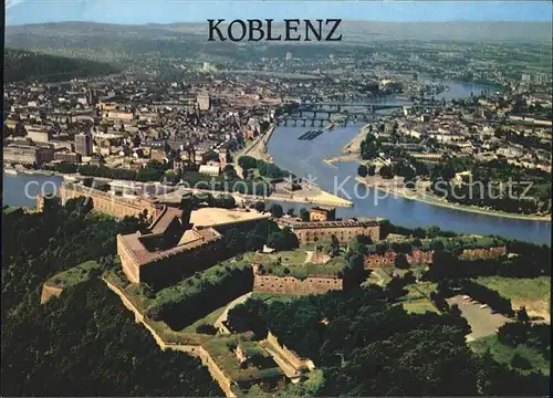 Koblenz Rhein Festung Ehrenbreitstein und Deutsches Eck Fliegeraufnahme Kat. Koblenz