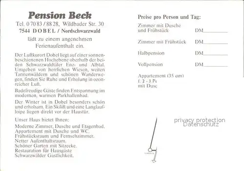 Dobel Schwarzwald Pension Beck  Kat. Dobel