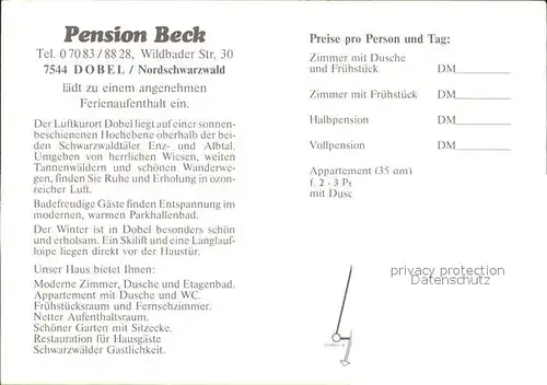 Dobel Schwarzwald Pension Beck  Kat. Dobel