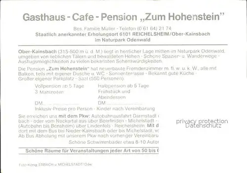 Ober Kainsbach Gasthaus Cafe Pension Zum Hohenstein Kat. Reichelsheim (Odenwald)