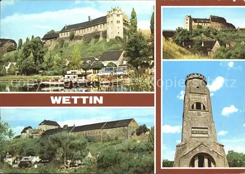 Wettin Unterburg mit Saale und Faehre Kat. Wettin