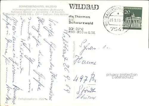 Wildbad Schwarzwald Sommerberghotel Wildbad Kat. Bad Wildbad