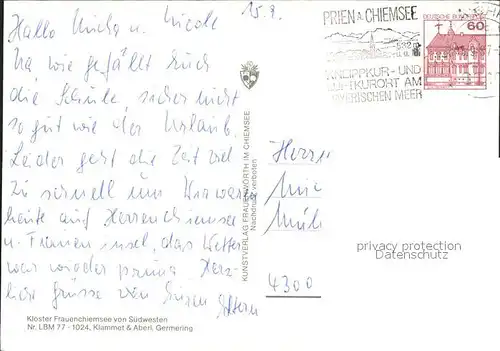 Prien Chiemsee Fliegeraufnahme Kloster Frauenchiemsee Kat. Prien a.Chiemsee