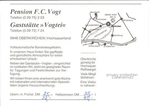 Oberkirchen Sauerland Pension F C Vogt  Kat. Schmallenberg