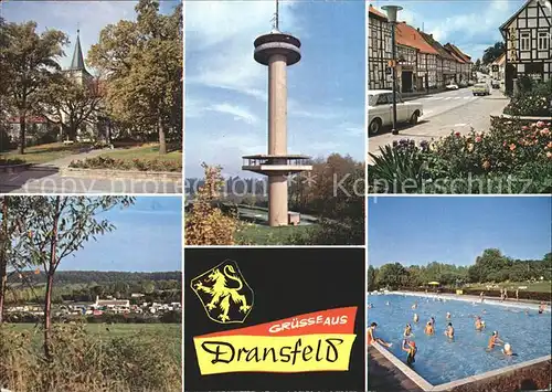 Dransfeld Gaussturm auf dem Hohen Hagen Dorfpartie Schwimmbad Kat. Dransfeld