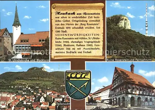 Heubach Wuerttemberg St Ulrichskirche Blockturm Ruine Rosenstein Fernsehturm Teilansicht Rathaus Kat. Heubach