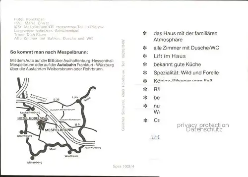 Mespelbrunn Hotel Hobelspan Gaststube Terrasse Ortsblick Kat. Mespelbrunn