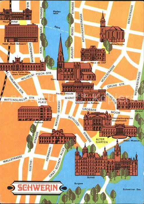Schwerin Mecklenburg Stadtplan mit Bauwerken und Sehenswuerdigkeiten