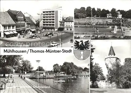 Muehlhausen Thueringen Wilhelm Pieck Platz Schwimmbad Schwanenteich Kat. Muehlhausen Thueringen