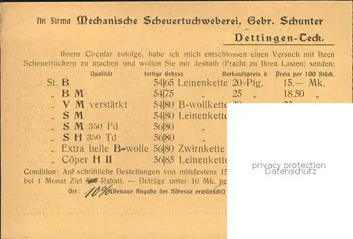 Dettingen Teck Geschaeftskarte Scheuertuchweberei Kat. Dettingen unter Teck