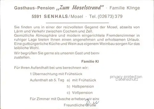 Senheim Senhals Gasthaus Pension Zum Moselstrand Kat. Senheim