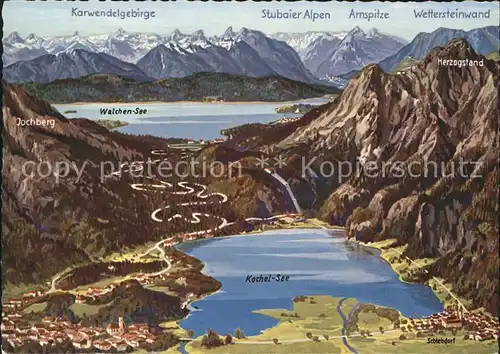 Kochel See Panoramakarte mit Walchensee und Alpen Kat. Kochel a.See