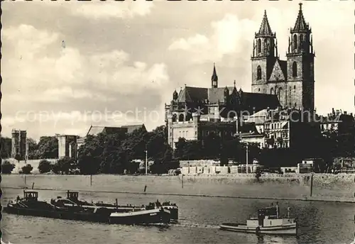 Magdeburg Elbepartie mit Dom Frachtschiffe Kat. Magdeburg