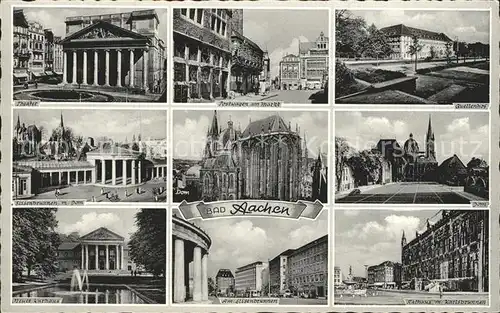 Aachen Theater Postwagen am Markt Quellenhof Elisenbrunnen mit Dom Kurhaus Rathaus Karlsbrunnen Kat. Aachen