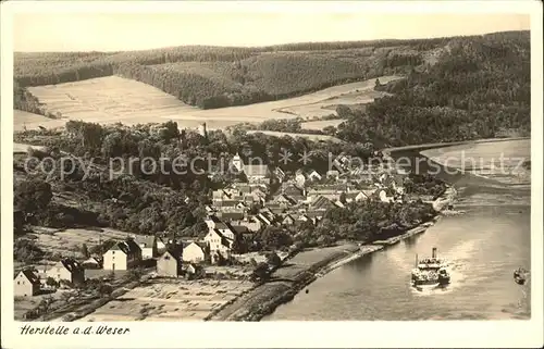 Herstelle Weser Fliegeraufnahme Dampfer Kat. Beverungen